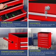 Masko® Werkplaatswagen - Gereedschapswagen - 7 vakken - Rood