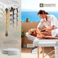tectake® 3-zone massagetafel - Draagvermogen 250 kg - Mobiele massagebank - Houten frame - Behandeltafel - Inclusief draagtas, hoofdsteun en armleuning - Dikte matras 7,5 cm - In hoogte verstelbaar - Afmeting (LxBxH) 218x102x65 - 90 cm - Wit