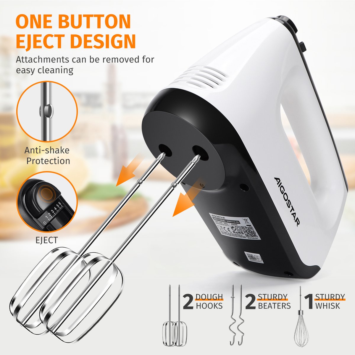 Aigostar Handmixer - 6 snelheden - 400W - RVS - Wit