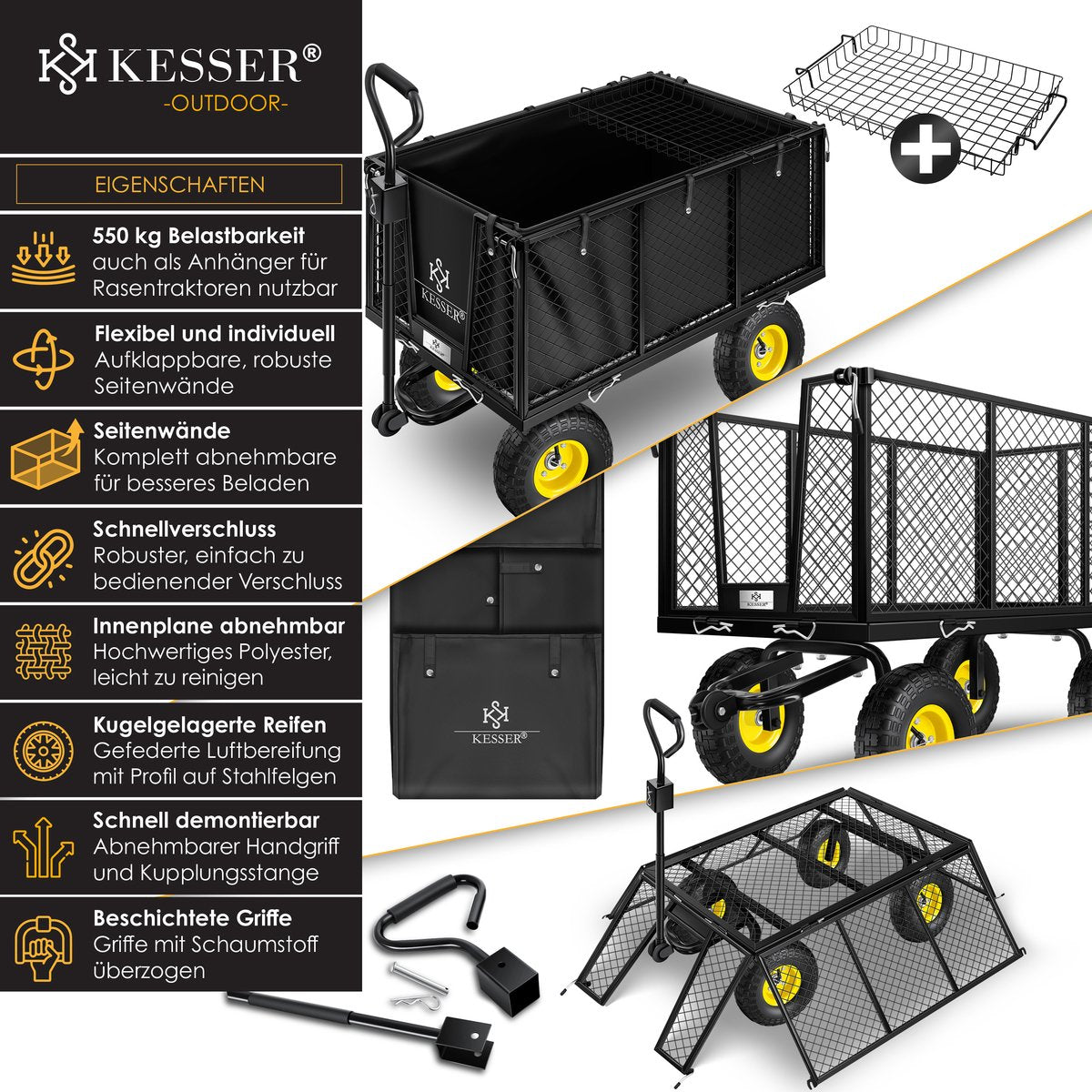 KESSER® Tuinkar - Bolderkar - 550 kg belastbaar - Zwart