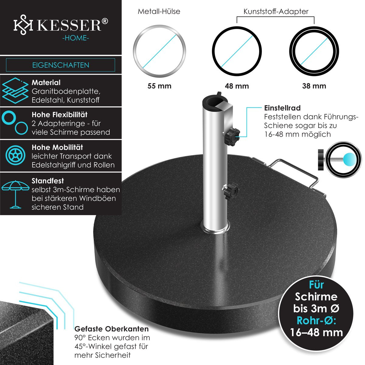 KESSER® Parasolvoet op wielen Graniet 30 kg - Parasol voet tot Ø38mm - Ø48mm verrijdbaar Rond Ø45cm - Antraciet