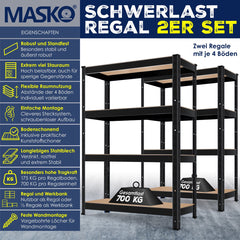 MASKO® Opbergrek / Stellingkasten / Magazijnstelling set van 2 Opbergrekken voor zwaar gebruik, kelderrekken, belastbaar tot 875 kg, 5 verstelbare legborden, MDF-panelen Opbergrekken van metaal - 2x Zwart, 700kg, 2x 160x80x40 cm, 4 schappen •