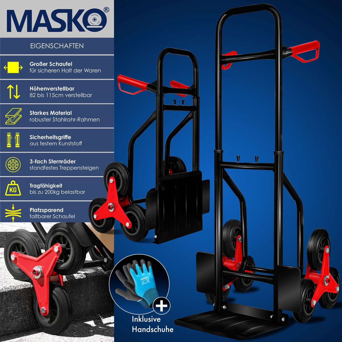 Masko® Steekwagen - Opvouwbaar - Transportwagen - Trappenklimmer - Zwart •