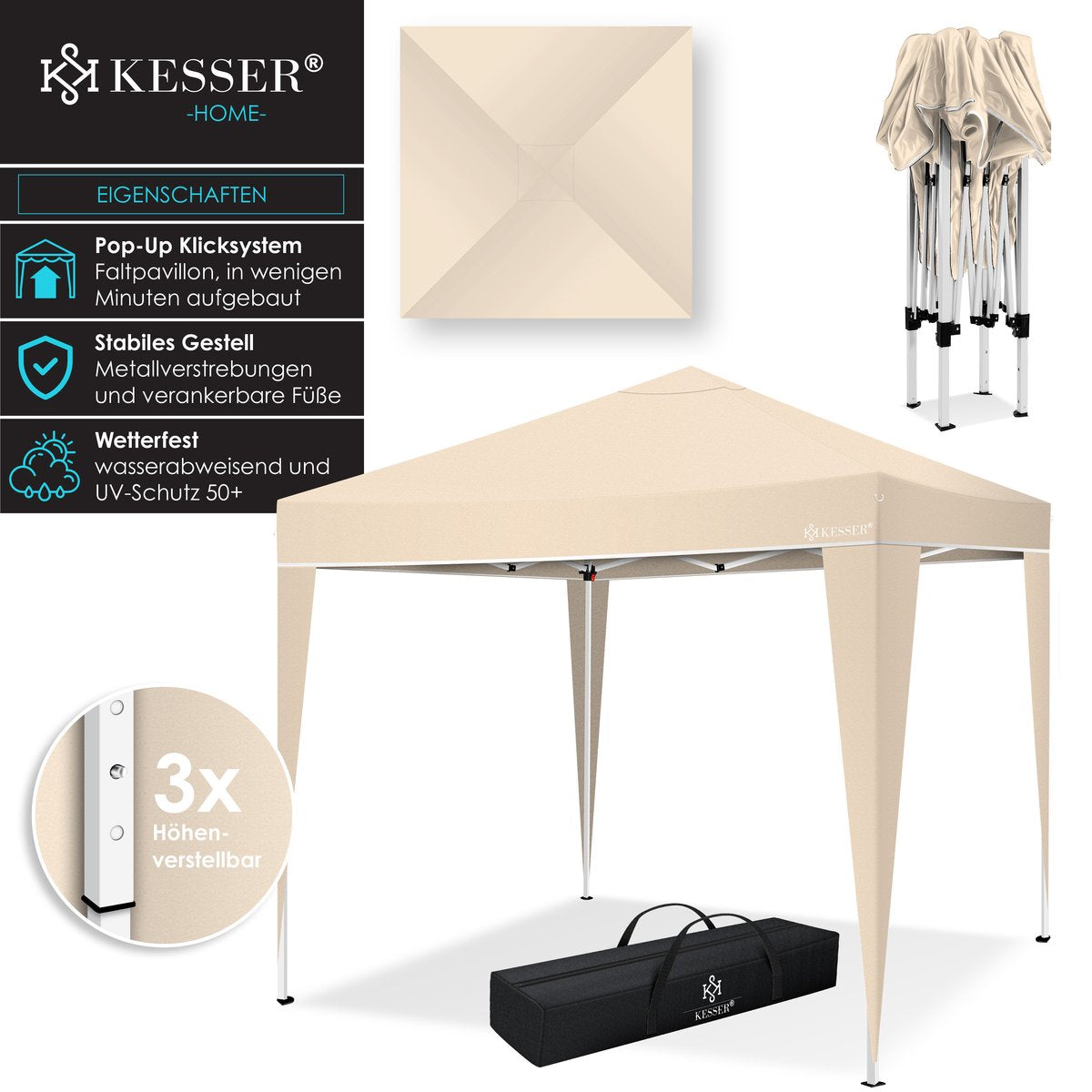 Partytent - opvouwbaar - 3x3 - Paviljoen - Beige - KESSER®
