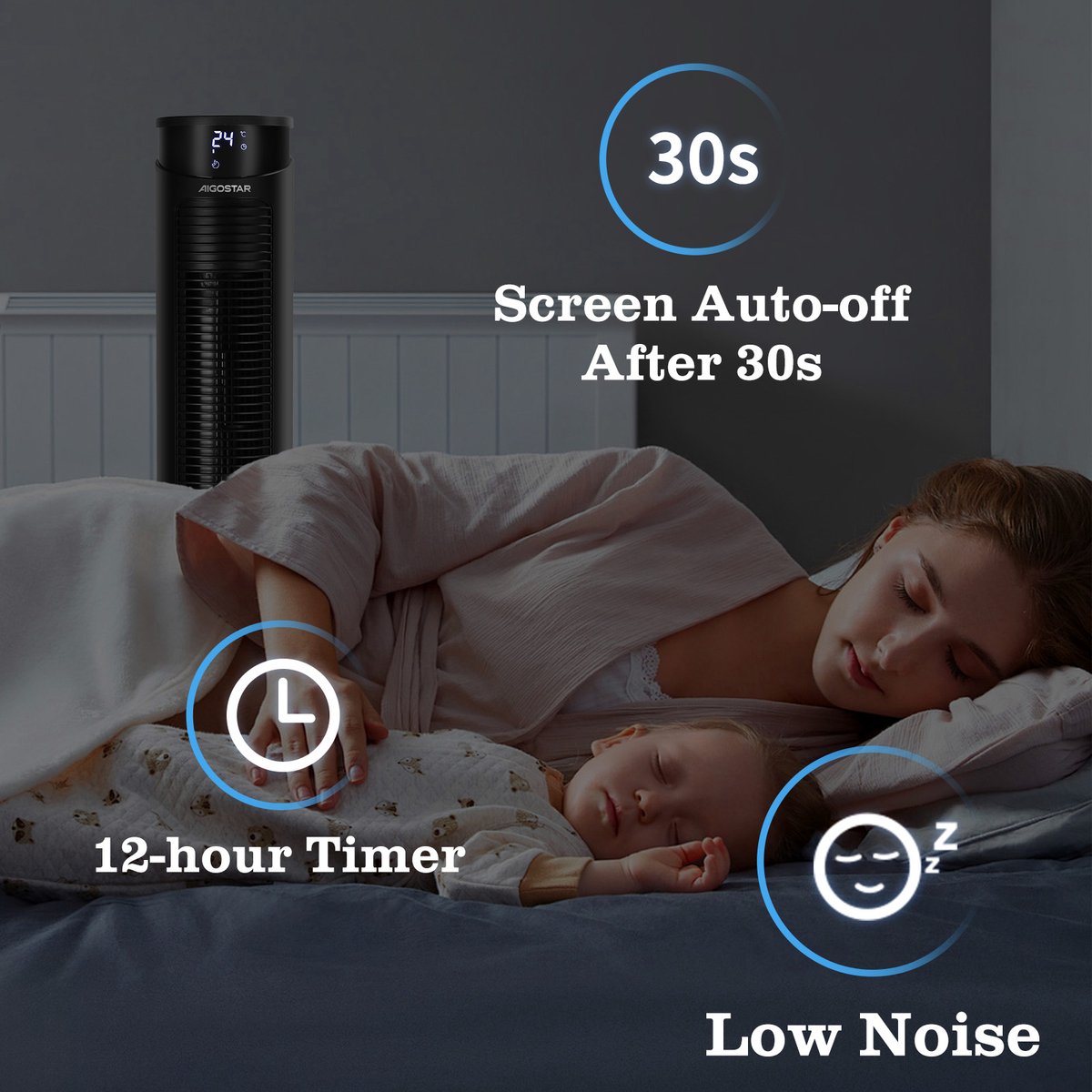 Aigostar Torenventilator - Fluisterstil - Oscillatie - Zwart