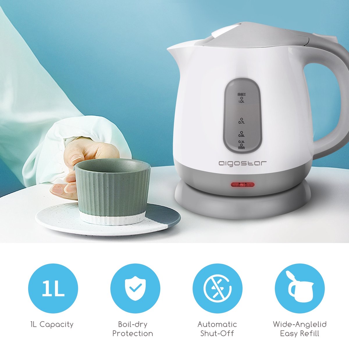 Waterkoker - Elektrish - 1L - 1100W - Wit •