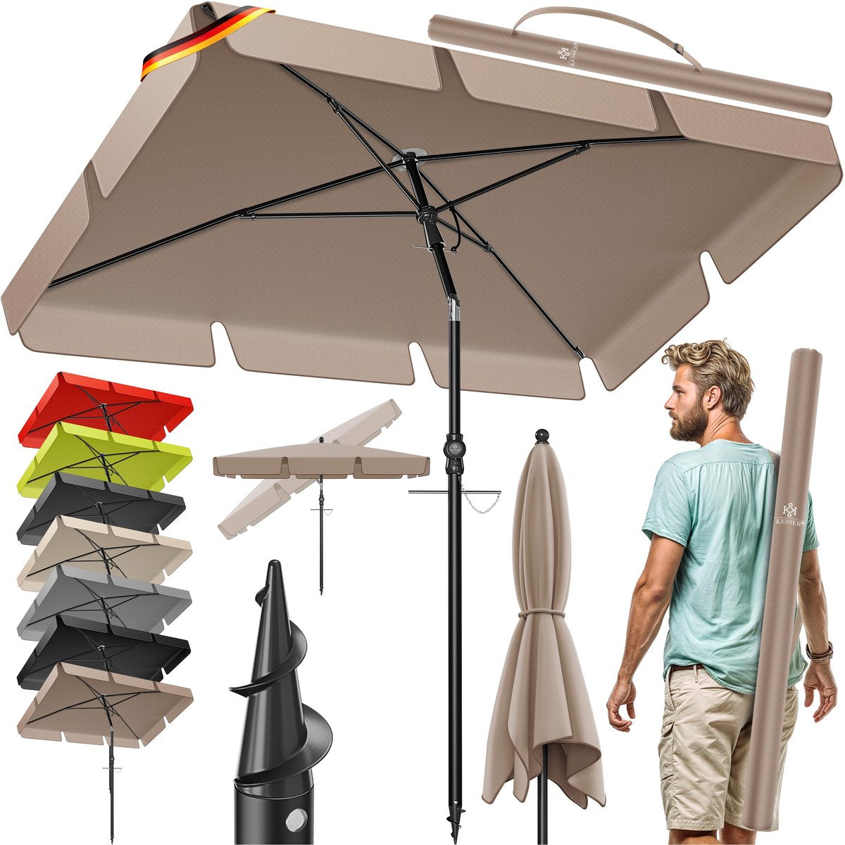 KESSER® Stokparasol Inclusief Beschermhoes & Draagtas 200 × 125cm - Parasol voor Balkon, Tuin & Terras Tuinparasol Strandparasol - Taupe
