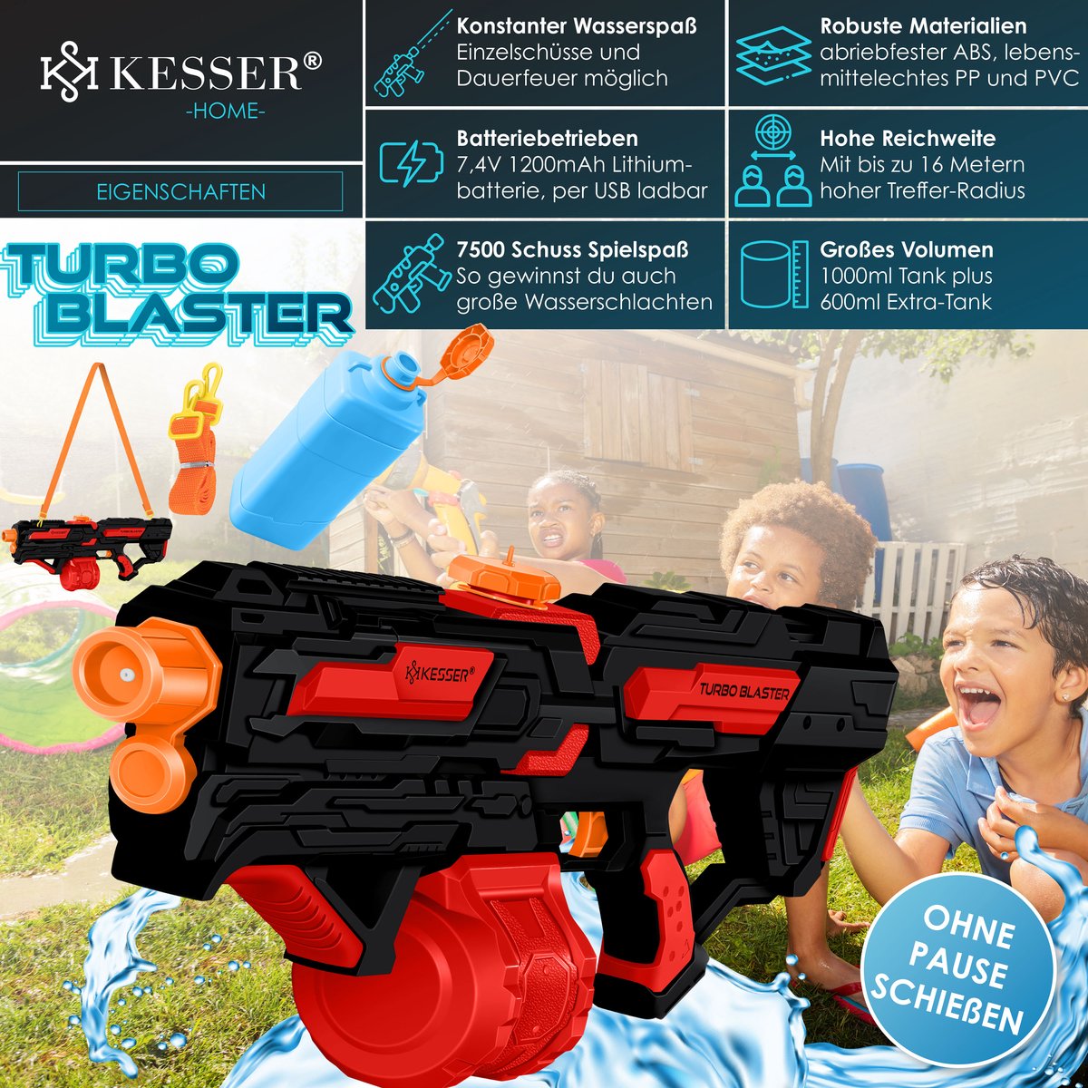 KESSER® Elektrisch Waterpistool met Batterij Spuitpistool 1000 ml + 600 ml Extra Tank Groot Waterspuitpistool voor Kinderen en Volwassenen, Watergun Zeer Krachtig 8m Bereik, Buitenspeelgoed - Zwart / Rood