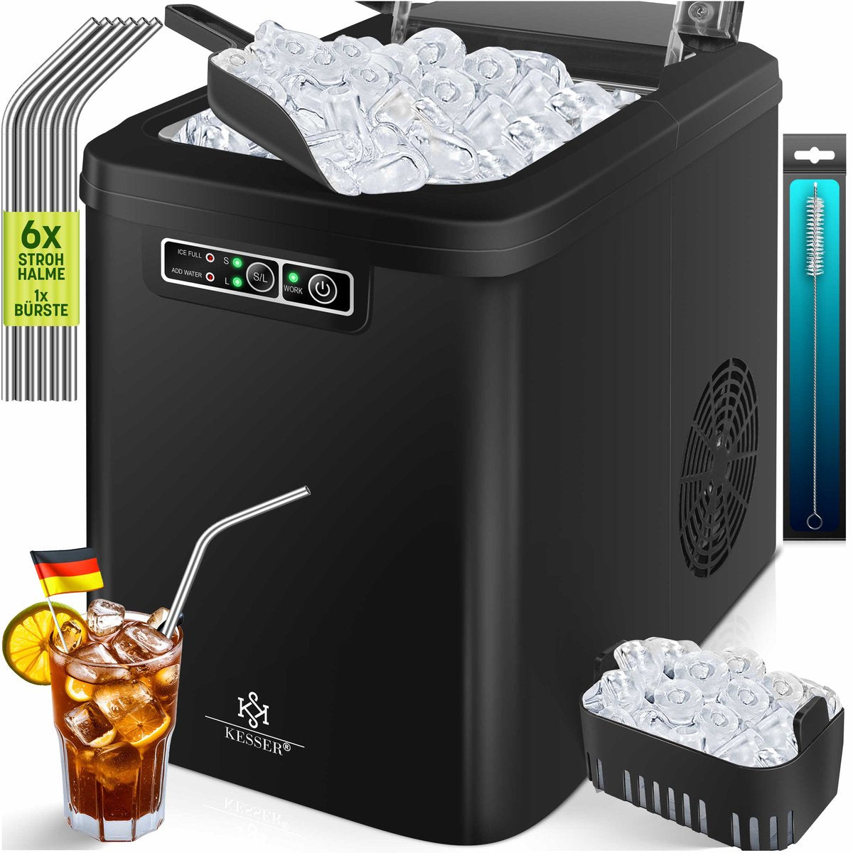 KESSER® Ijsblokjesmaker - Ijsblokjesmachine -12kg/24 uur - RVS - Zwart •
