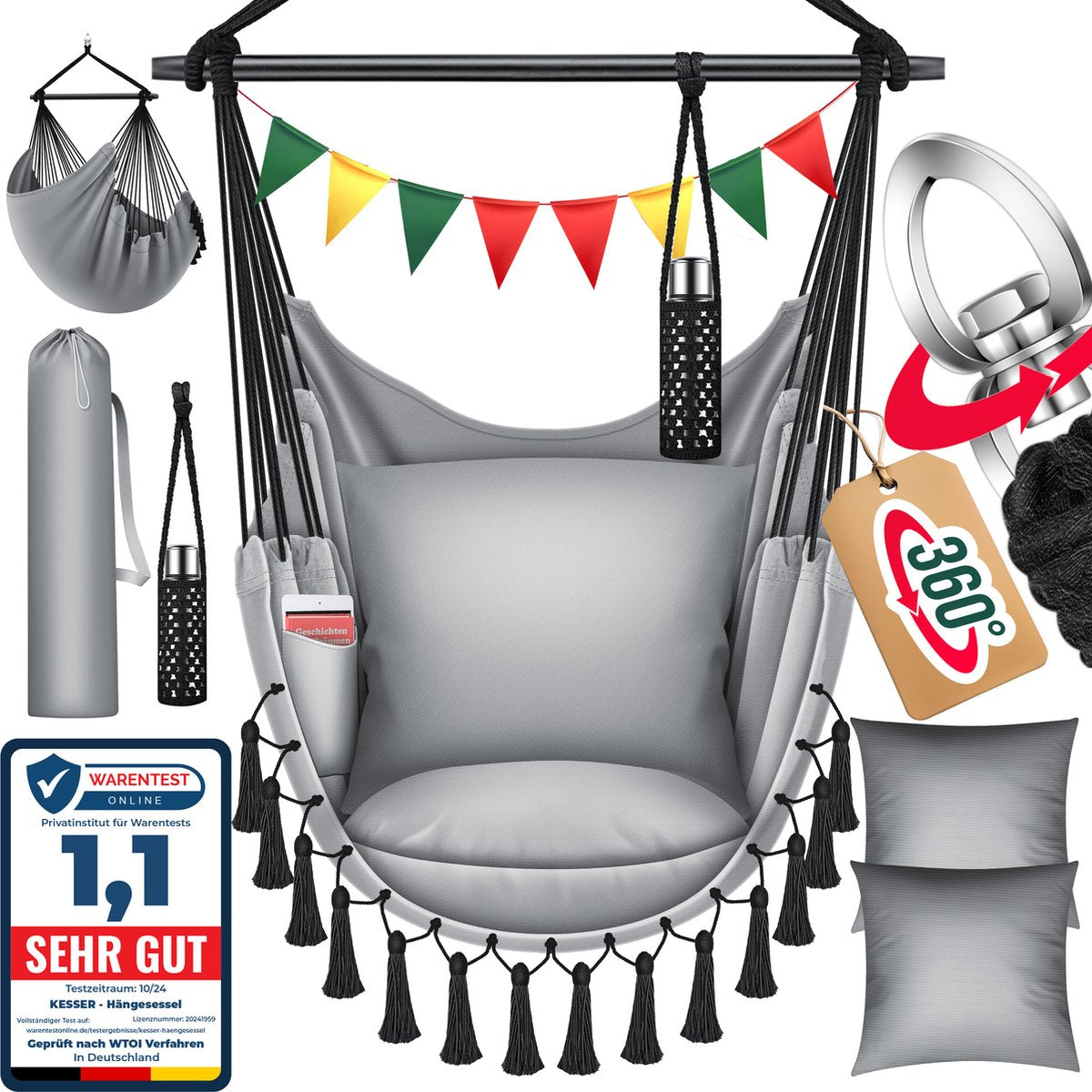 KESSER® XXL Hangstoel - 2 Kussens - Tot 150 kg - Grijs