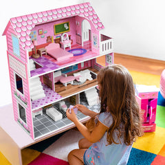 Houten Poppenhuis - Met meubels – Speelhuis - Roze