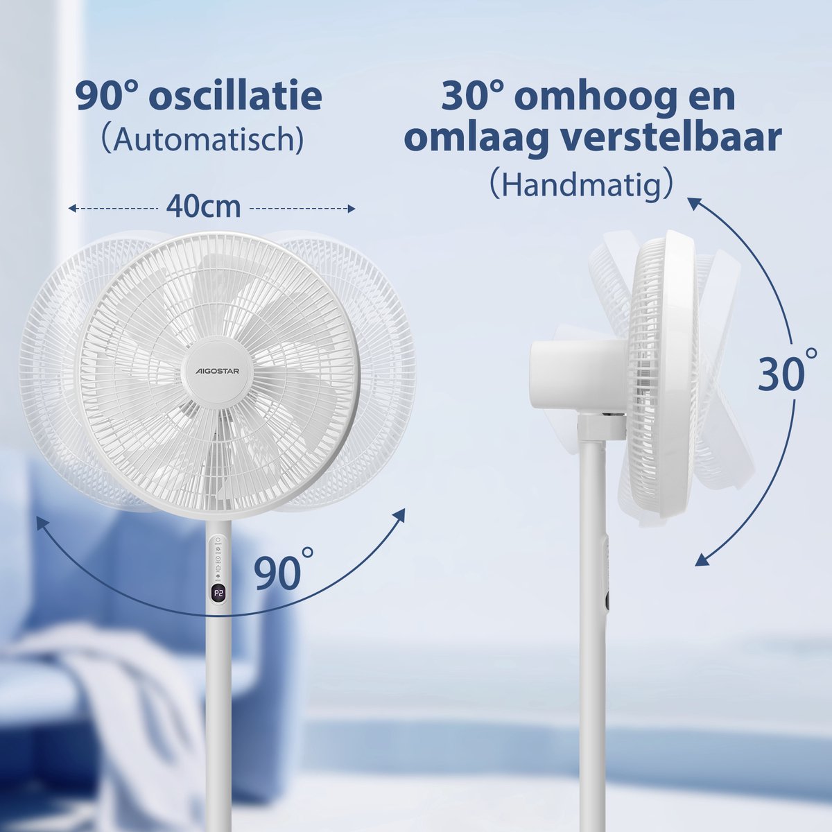 Aigostar Statiefventilator Sedate - Staande ventilator-Afstandsbediening-Timer- Stille Werking -3 snelheden- In hoogte verstelbaar - 7 bladen - 45W - Wit •