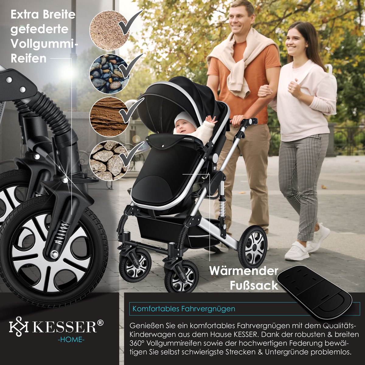 Kinderwagen 3 in 1 - Buggy - Wandelwagen - Kinderbuggy - Zilver - KESSER®