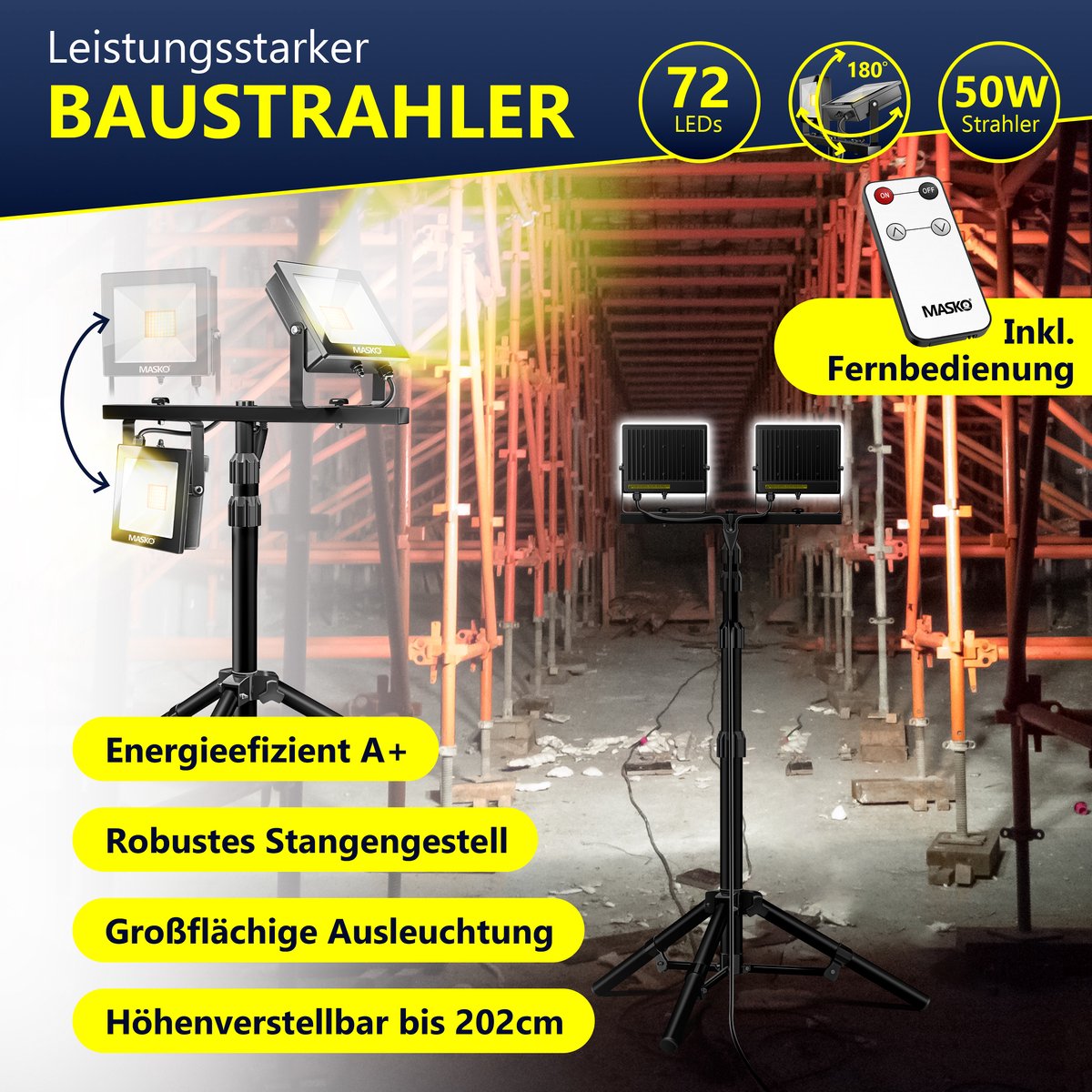 MASKO® LED Bouwlamp - 2x50W - Werklamp - IP65  - Zwart