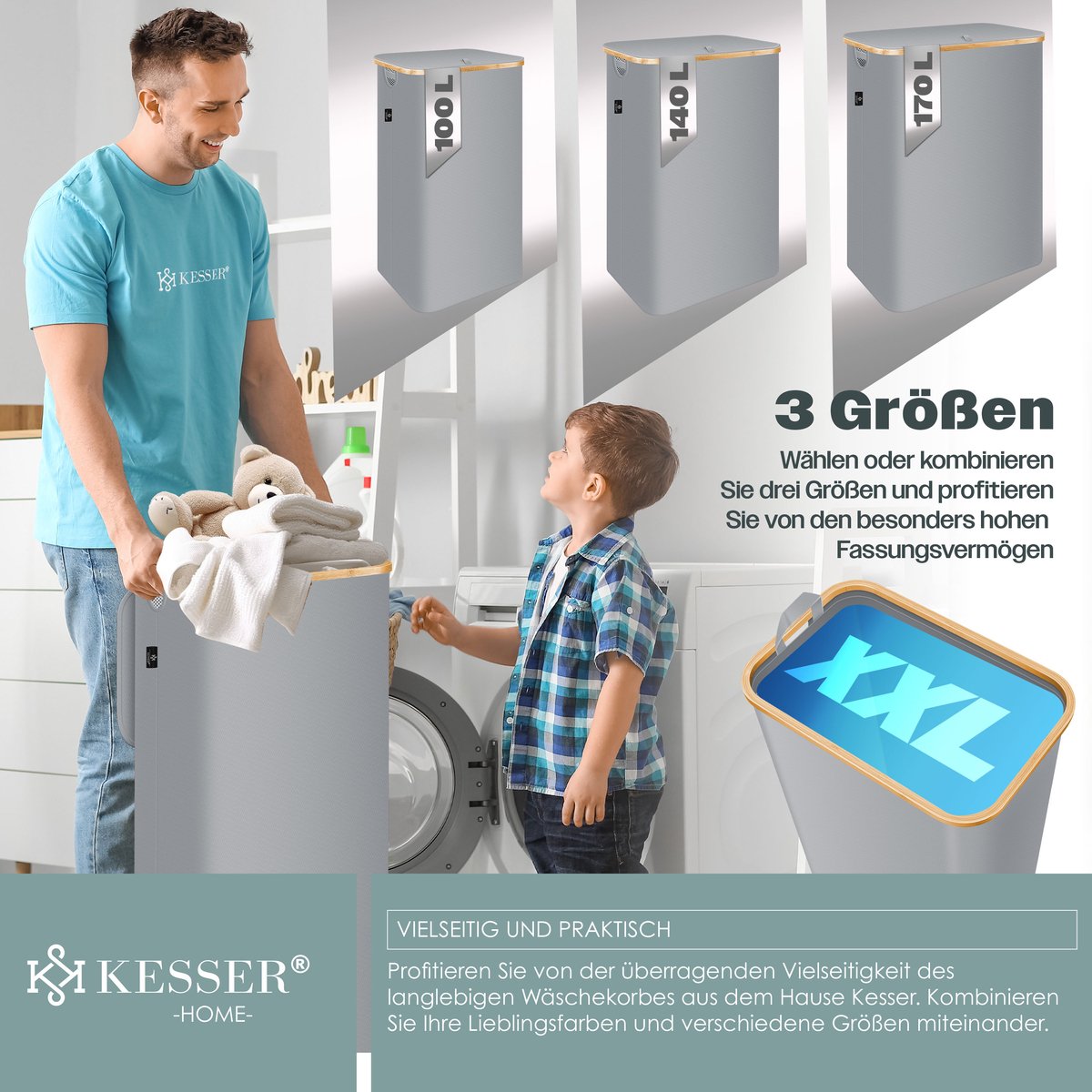 KESSER® Wasmand met Deksel - 100 Liter - Grijs
