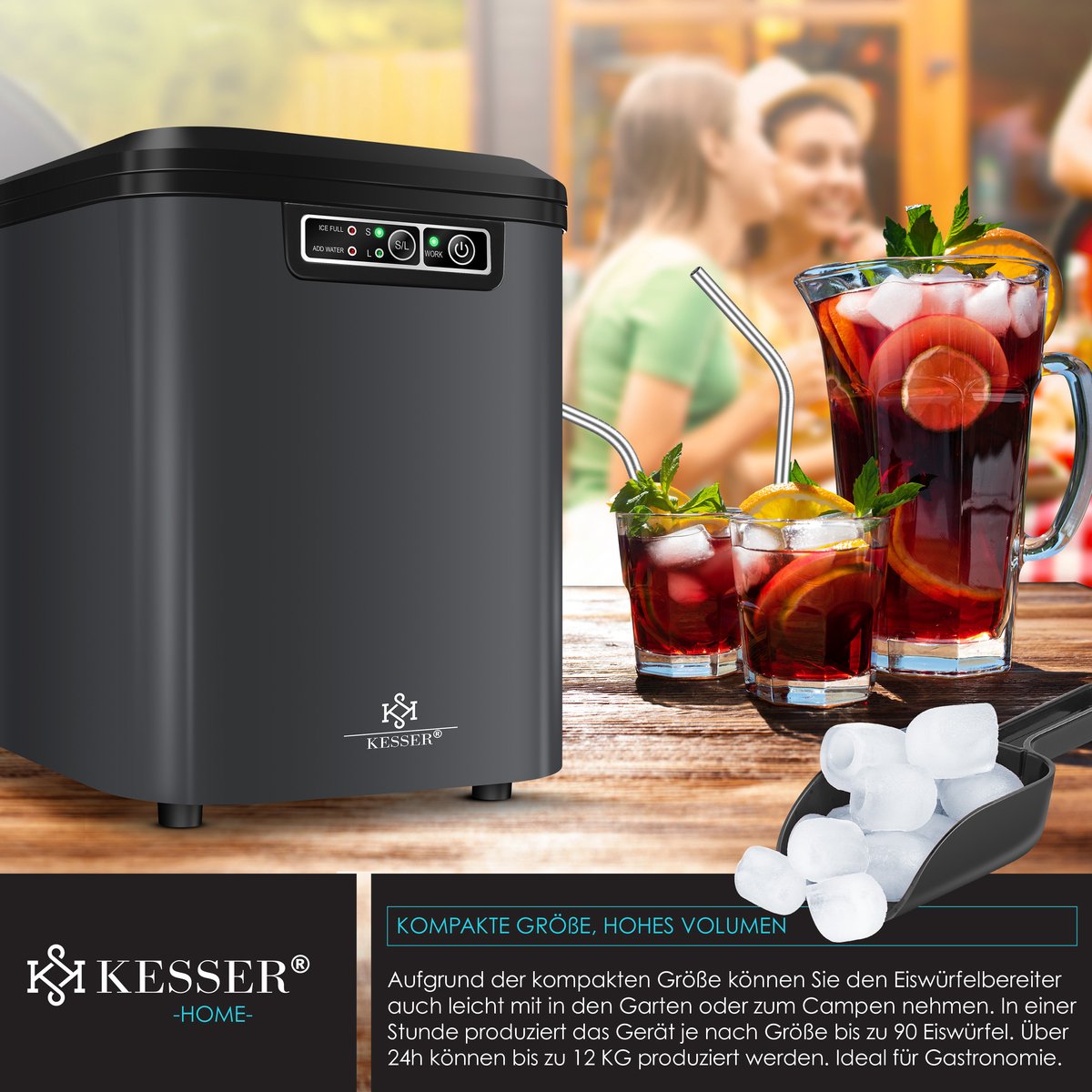 KESSER® Ijsblokjesmaker - Ijsblokjesmachine -12kg/24 uur - RVS - Antraciet