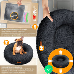 LOVPET® Hondenbed / Hondenmand / Hondenkussen Kattenbed Bagel, Afwasbaar, Incl. Kom + 3x Kauwbotjes, Hondenbank Pluche Kussen Rond Pluche Voor Kleine, Middelgrote & Grote Honden, Katten - 4XL (120 x 120 cm), Antraciet