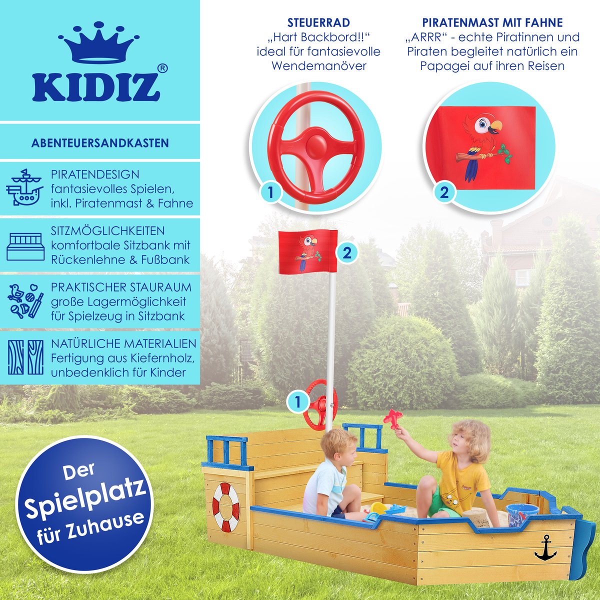 KIDIZ® Zandbak piratendesign - Met bankje - Bruin