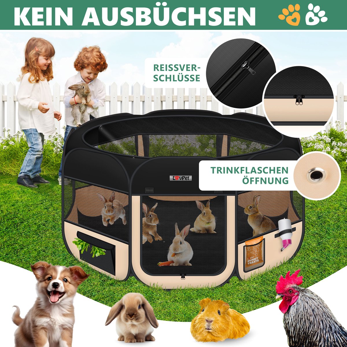 LOVPET® Puppyren voor Kleine Dieren Honden Katten - Opvouwbaar Hondenren inclusief kom en Haringen - Puppy Ren Pop-up Systeem Indoor & Outdoor Konijnenren - Beige