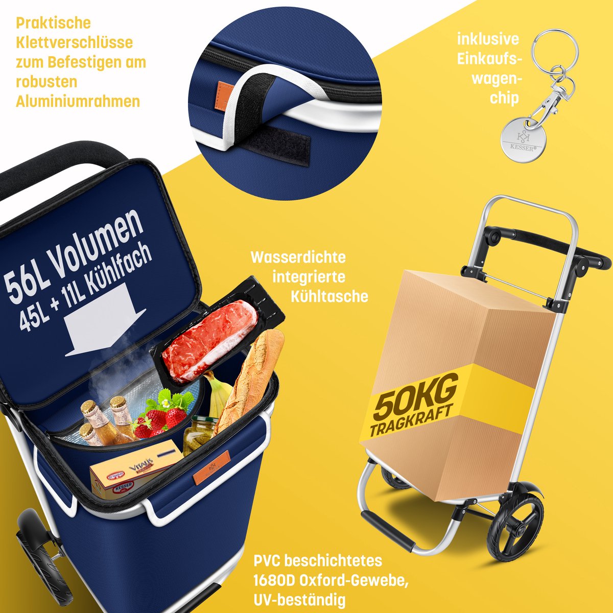 KESSER® Boodschappentrolley - Boodschappenwagen - 56L - tot 50kg  - Marineblauw