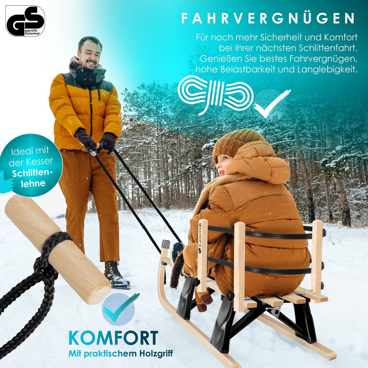 KESSER® Houten slee Premium slee Opvouwbare kinderslee van beukenhout incl. trektouw Slider Metalen lopers - Houten slee, Zwart