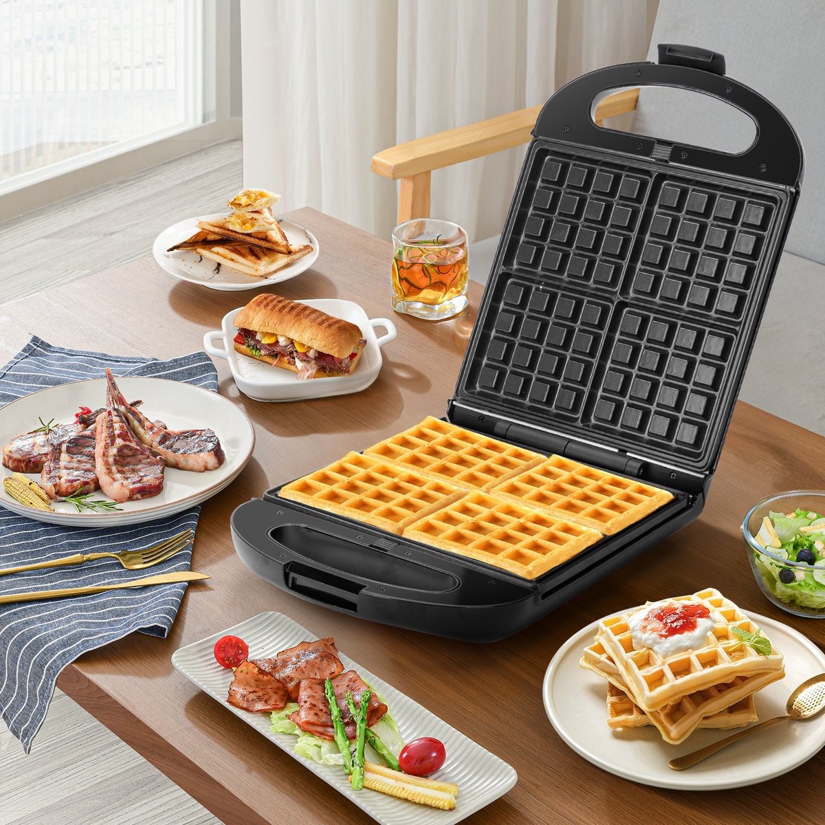 Tosti apparaat - Tosti ijzer - Contactgrill - Wafelijzer - 1200W - Zwart - Taylor Swoden