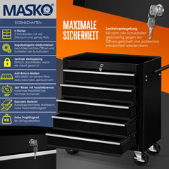 Masko® Werkplaatswagen - Gereedschapswagen - 5 vakken - Zwart •