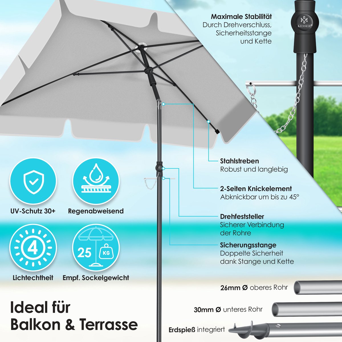 KESSER® Stokparasol Inclusief Beschermhoes & Draagtas 200 × 125cm - Parasol voor Balkon, Tuin & Terras Tuinparasol Strandparasol - Lichtgrijs