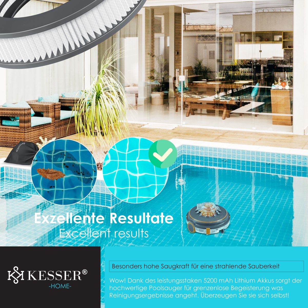 KESSER® Zwembadrobot accu Aqua-9000 incl. transporttas, Stofzuiger voor zwembaden tot 80m², Li-Ion accu max. 75 min, Zwembadreiniger snoerloze zwembadstofzuiger vloerreiniging volautomatische vloerstofzuiger - Oranje