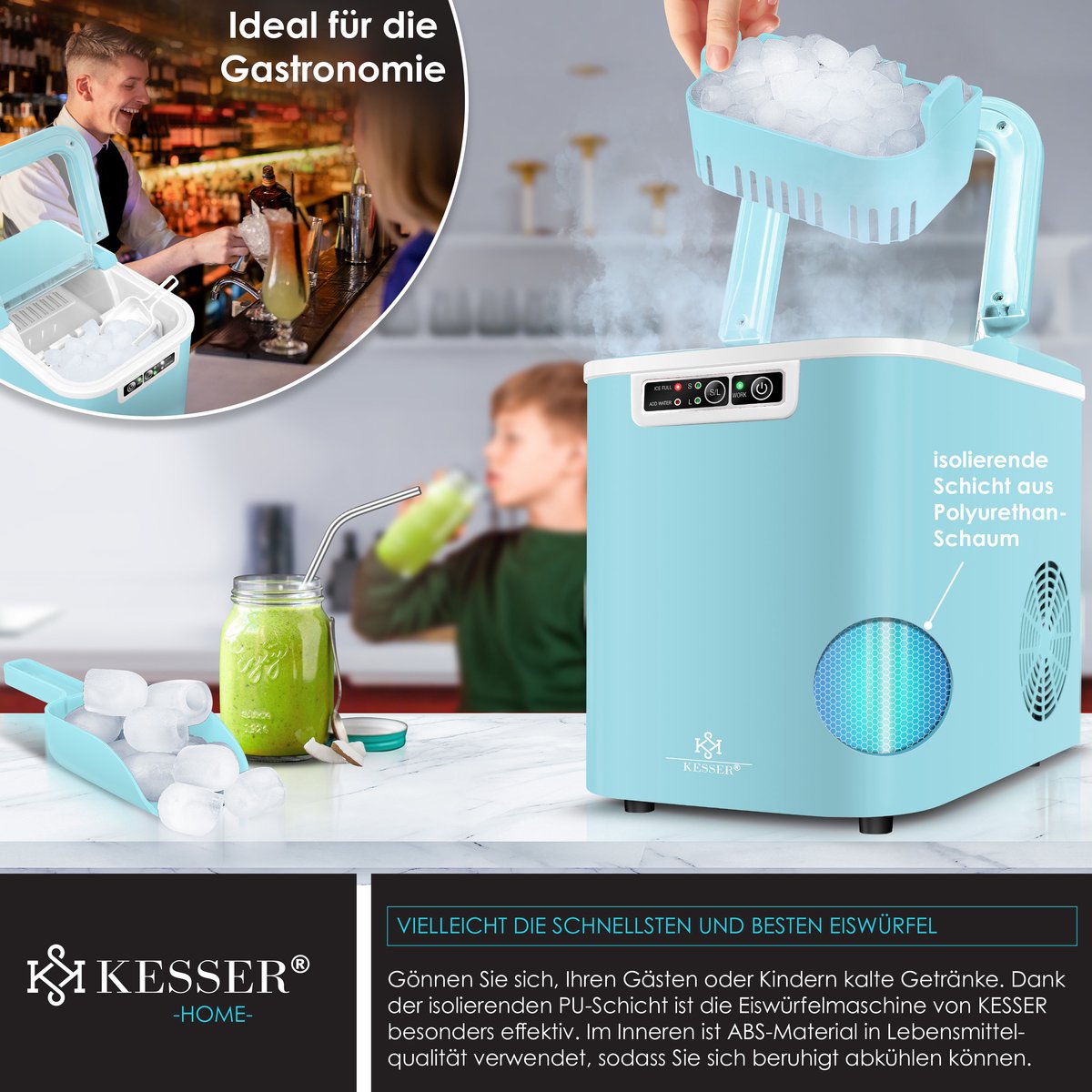 KESSER® Ijsblokjesmaker - Ijsblokjesmachine -12kg/24 uur - RVS - Blauw •