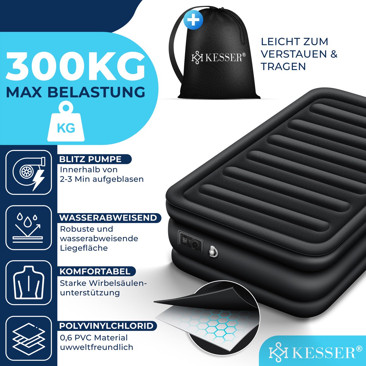 Luchtbed - 1 Persoons - Luchtmatras met pomp - Opblaasbed - Zwart - KESSER® •