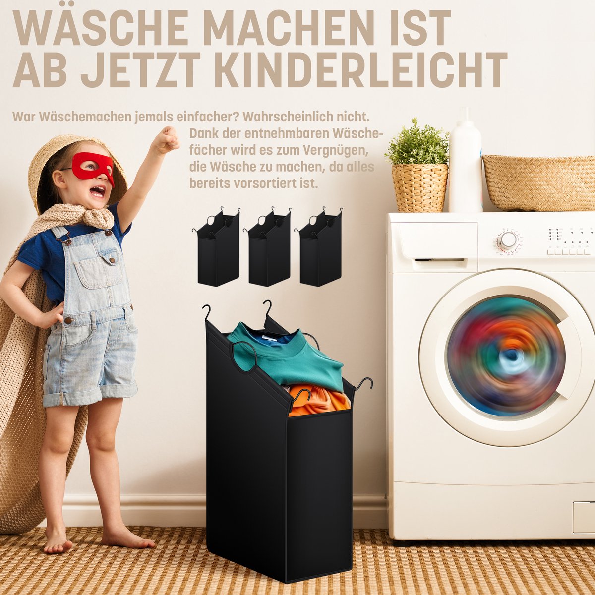 KESSER® Wasmand op Wieltjes met 3 Uitneembare Vakken - Wassorteerder Waszak - Zwart