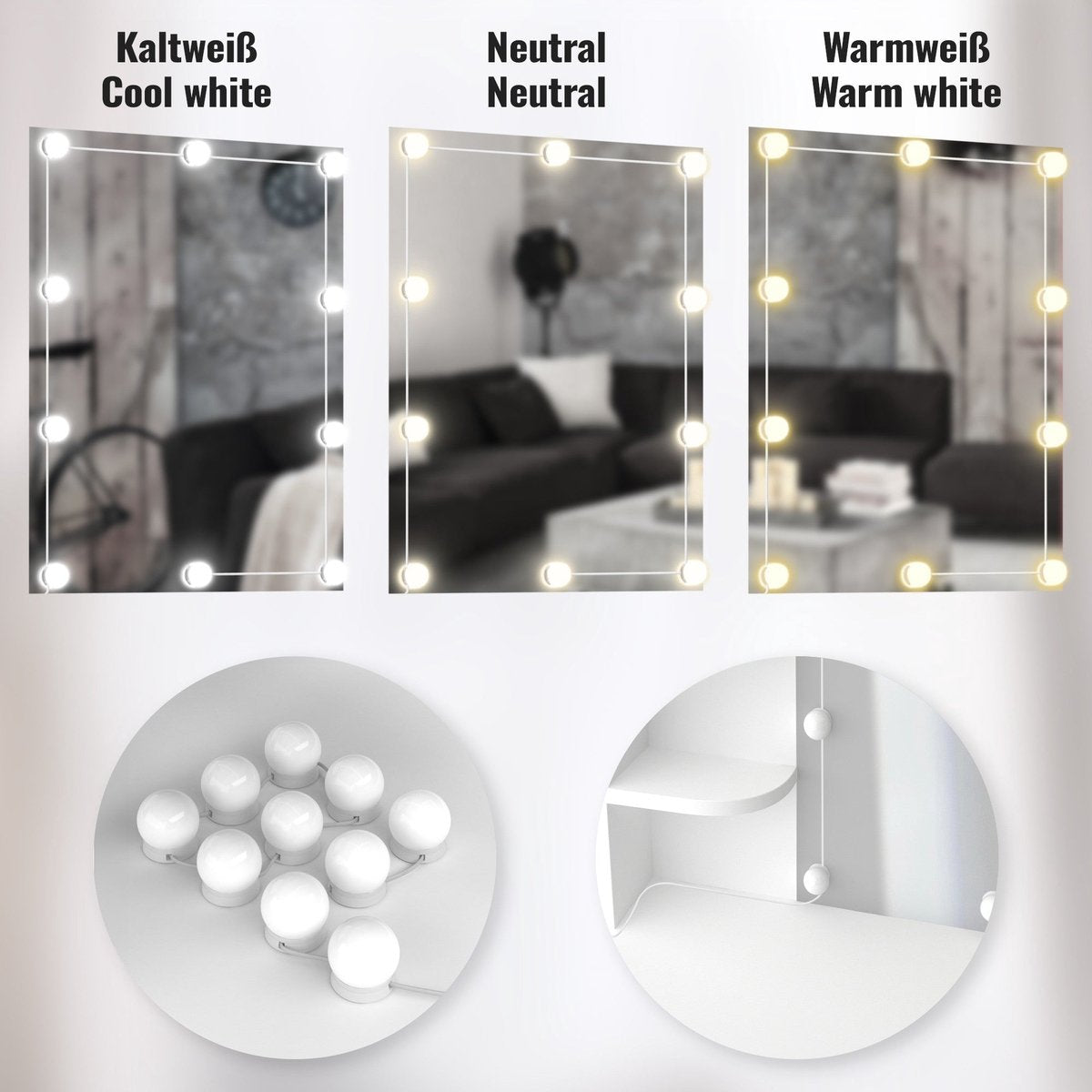 MIADOMODO® kaptafel, verlichting, kruk, spiegel, cosmetica tafel, wit •