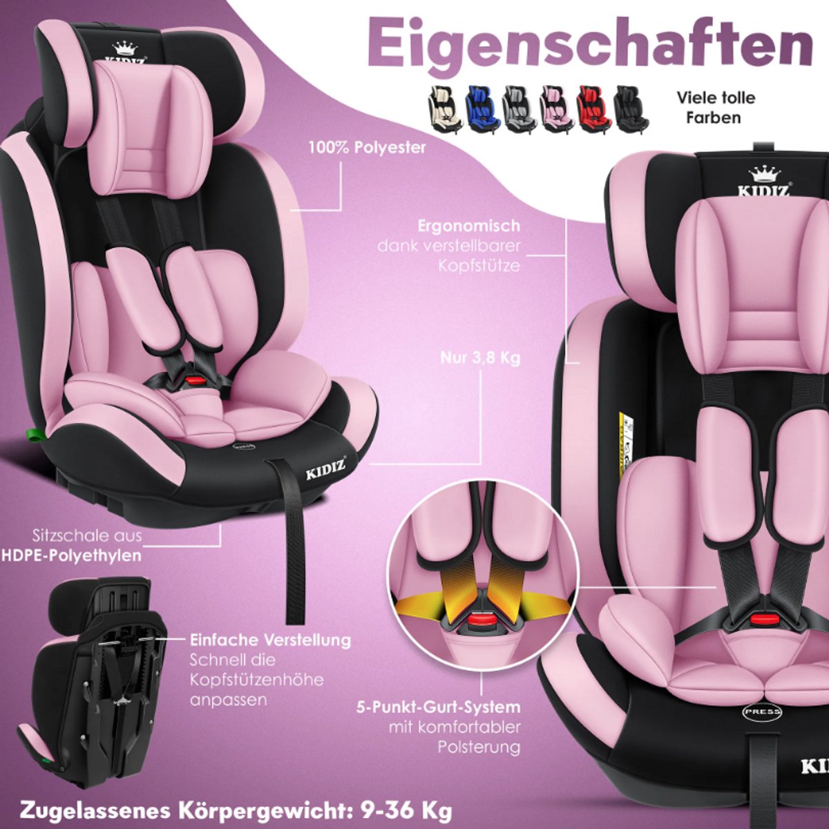 KIDIZ® Autostoeltje - 5-punts veiligheidsgordel - Roze