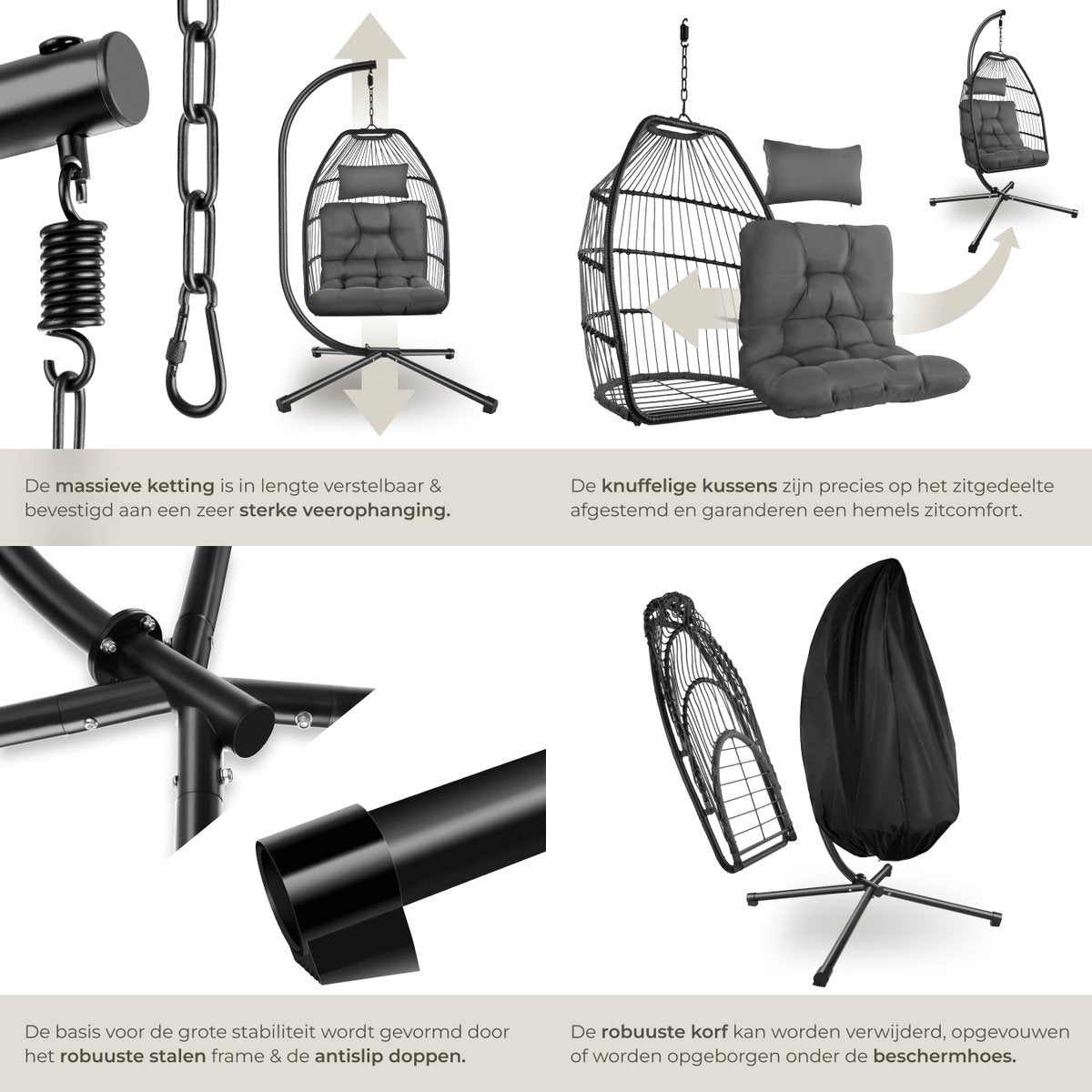 tectake® - Luxe hangstoel - Opvouwbare en draaibare egg chair met standaard - Dikke kussens - Antislipvoeten - Inclusief beschermhoes - Ideaal voor buiten, tuin, terras en slaapkamer - Donkergrijs