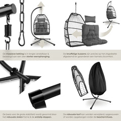 tectake® - Luxe hangstoel - Opvouwbare en draaibare egg chair met standaard - Dikke kussens - Antislipvoeten - Inclusief beschermhoes - Ideaal voor buiten, tuin, terras en slaapkamer - Donkergrijs