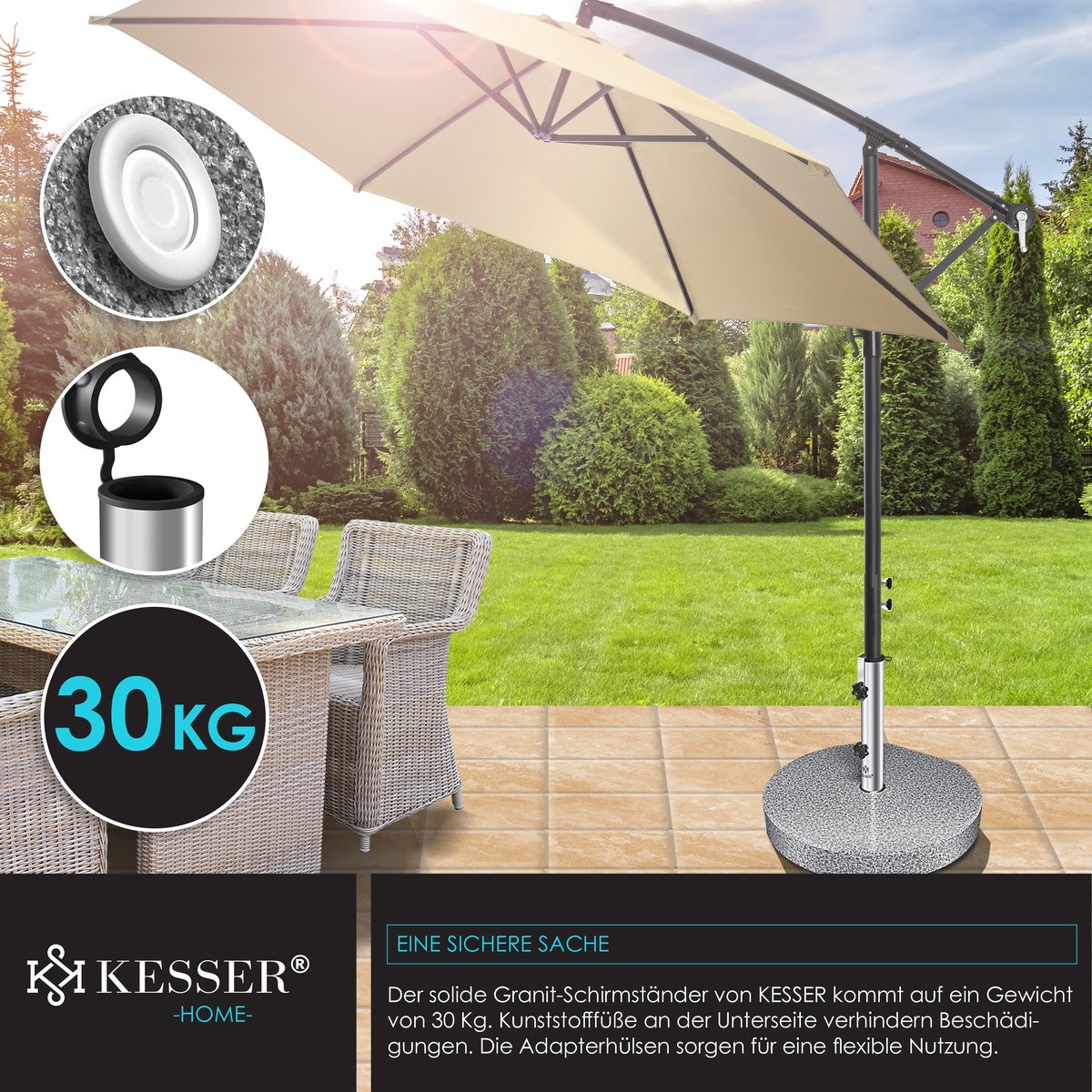 KESSER® Parasolvoet op wielen Graniet 30 kg - Parasol voet tot Ø38mm - Ø48mm verrijdbaar Ø45cm - Grijs