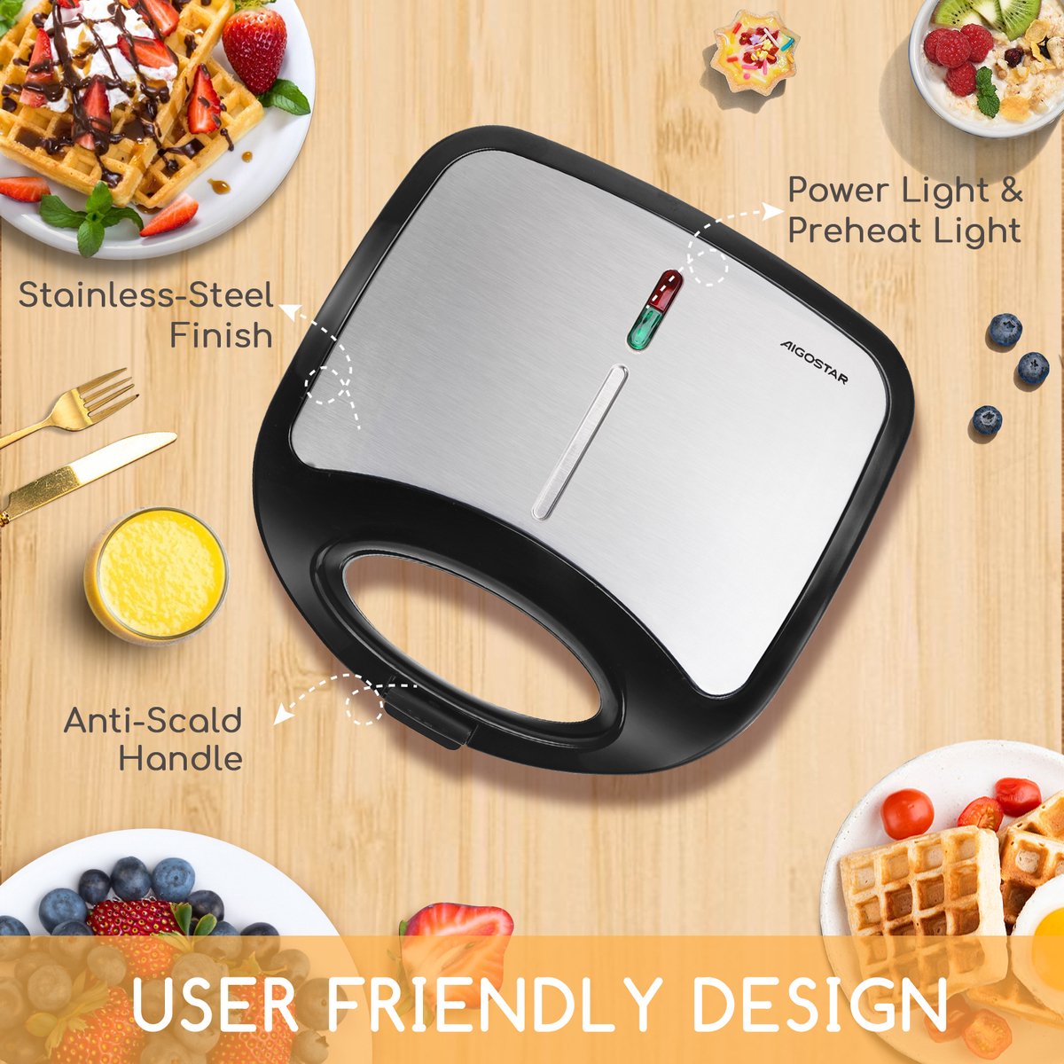 Aigostar Wafelijzer - Anti-Aanbaklaag - 750W - RVS •