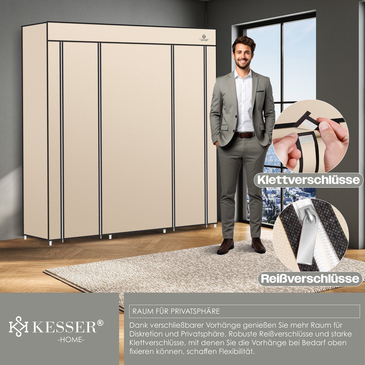 KESSER® Kledingkast in Stof en Metaal 150x45x175cm - opvouwbaare Garderobekast Stabiel met Kledingstang & Planken, Inclusief 5x Kledinghangers Kleerkast - Legplank Kast voor Slaapkamer met Kledingrek - Beige