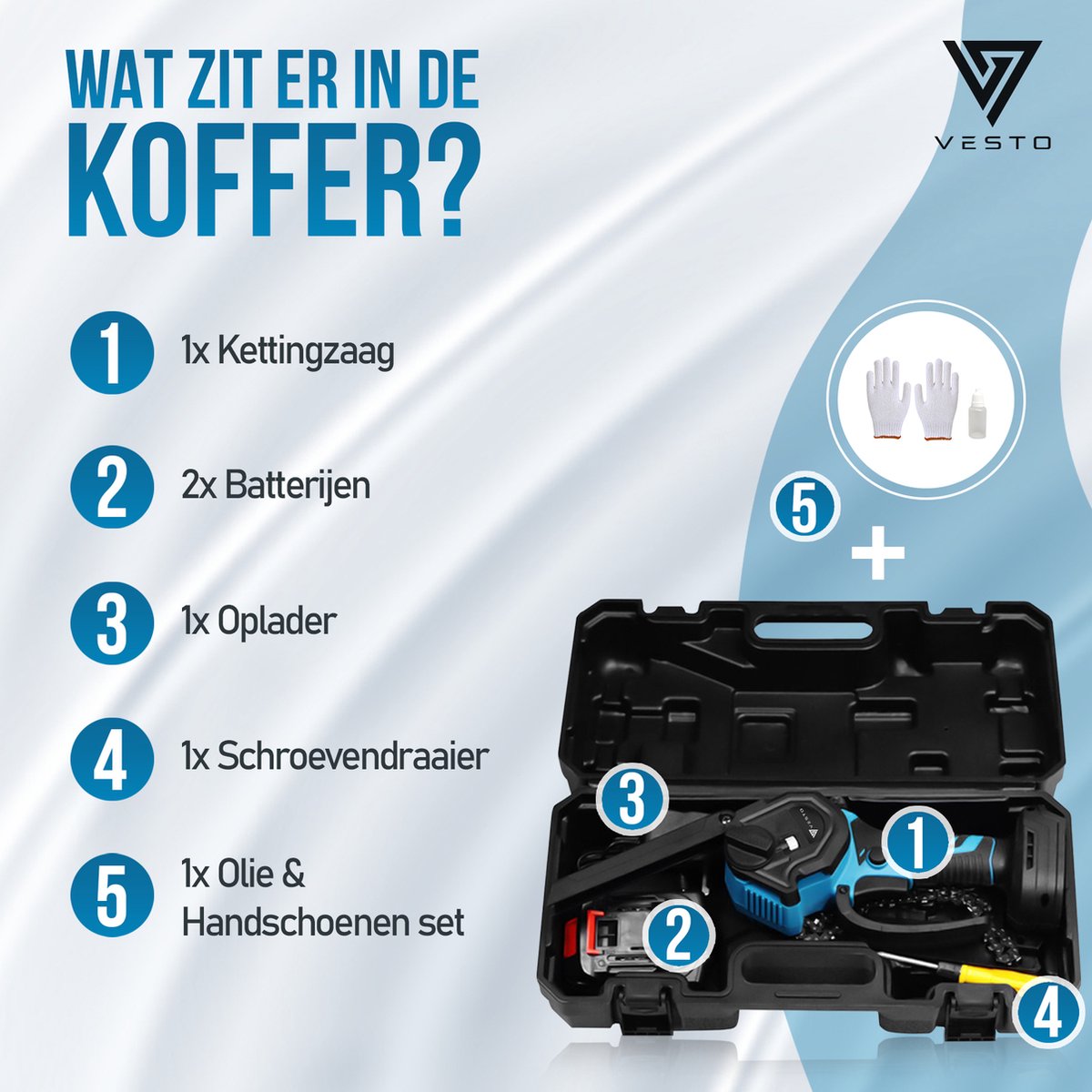 Vesto® Mini kettingzaag – Draadloos Inclusief 2 Led-Accu's – Heggenschaar Accu - Elektrisch Handkettingzaag - Snoeizaag - Takkenzaag - Handzaag - Boomzaag