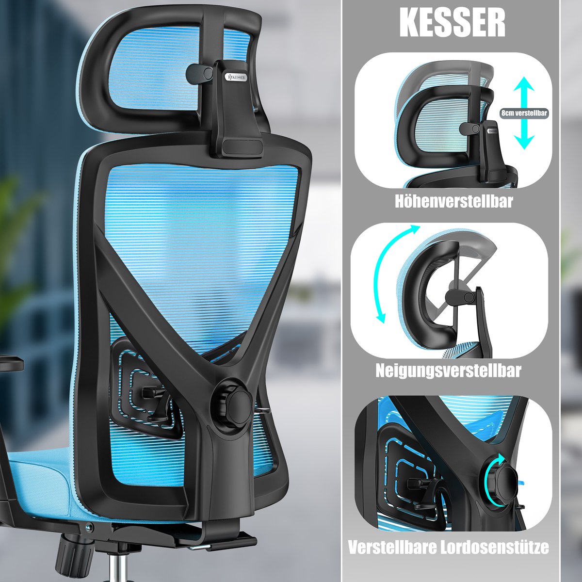 KESSER® Ergonomische Bureaustoel - Gamestoel - Office Chair - Blauw