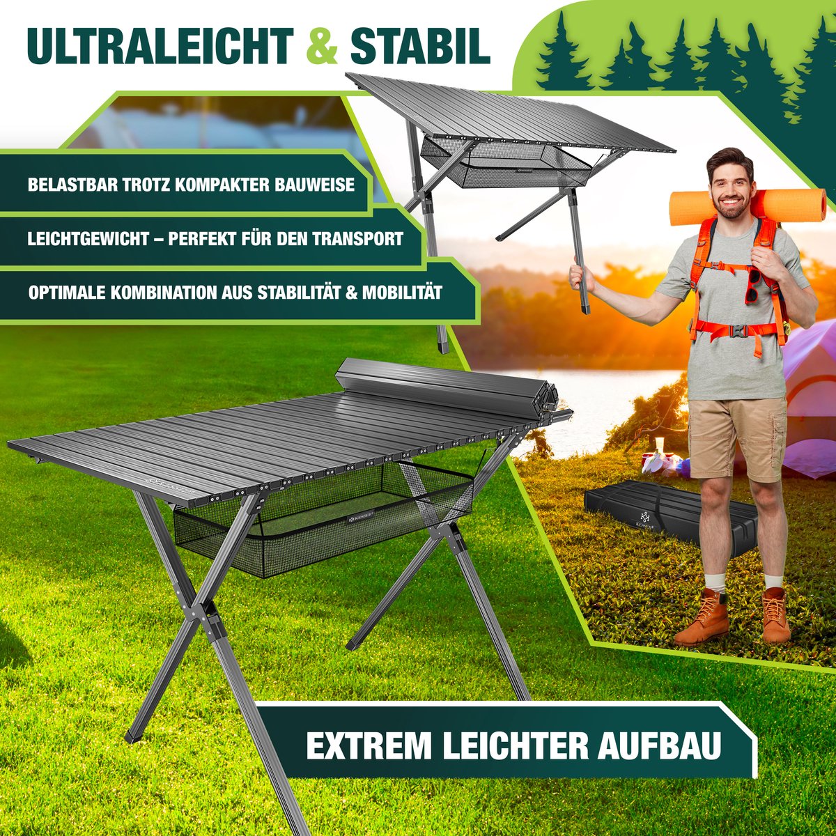 KESSER® Campingtafel Opvouwbaar - Verstelbaar - 145x70 cm - Antraciet •