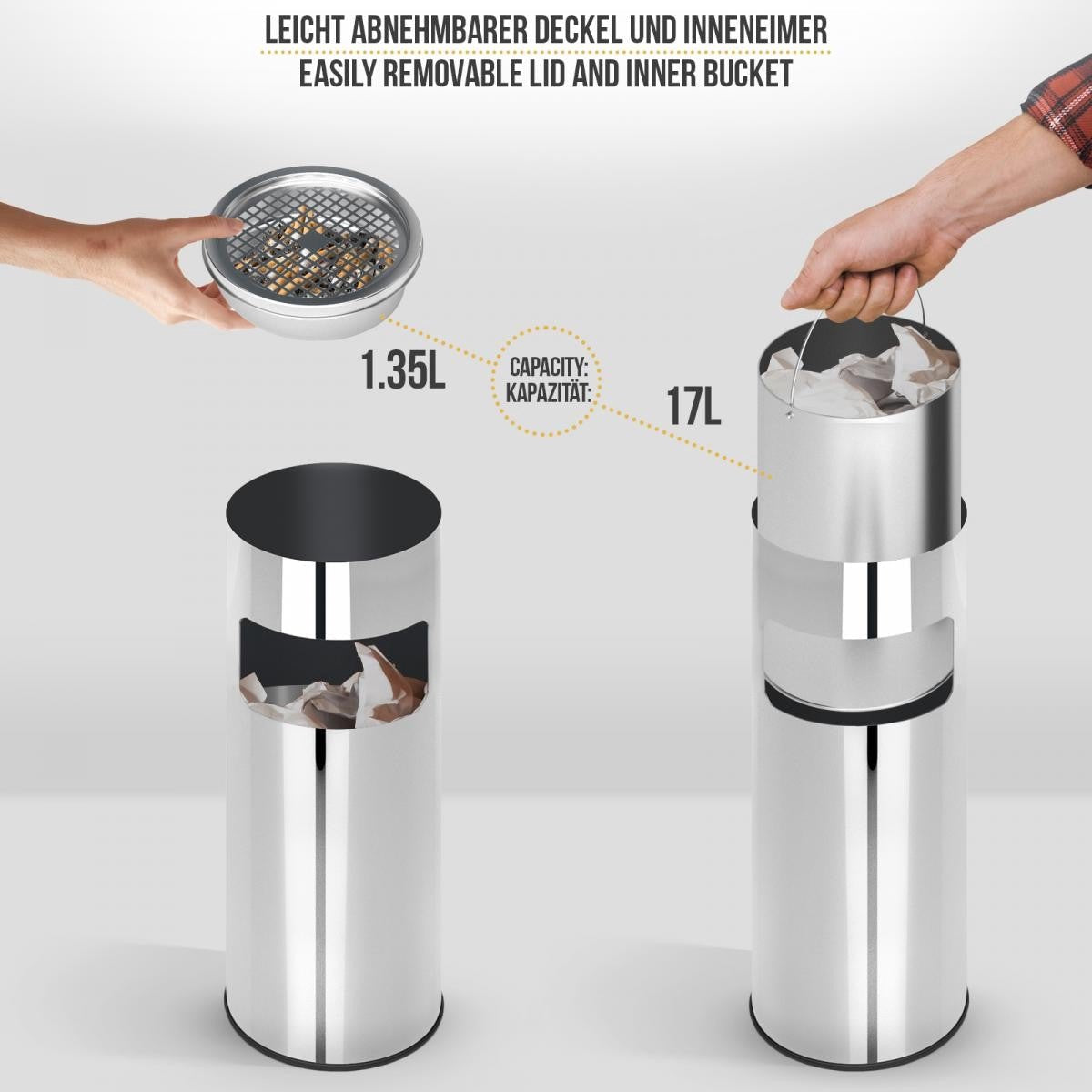 Jago- Staande asbak met prullenbak - Zilver- 30 liter, van RVS/ ijzer, 2 in 1, met binnenemmer
