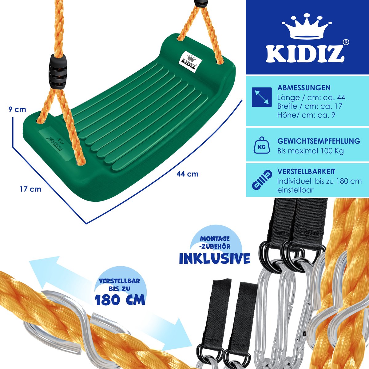 KIDIZ® Schommel Kinderschommel Set - Incl. Accessoires Schommelzitje PP-Touwen Schommelplank Tuin Buiten Binnenschommel voor kinderen om op te schommelen Plastic Hoogte Verstelbaar Antislip - Groen
