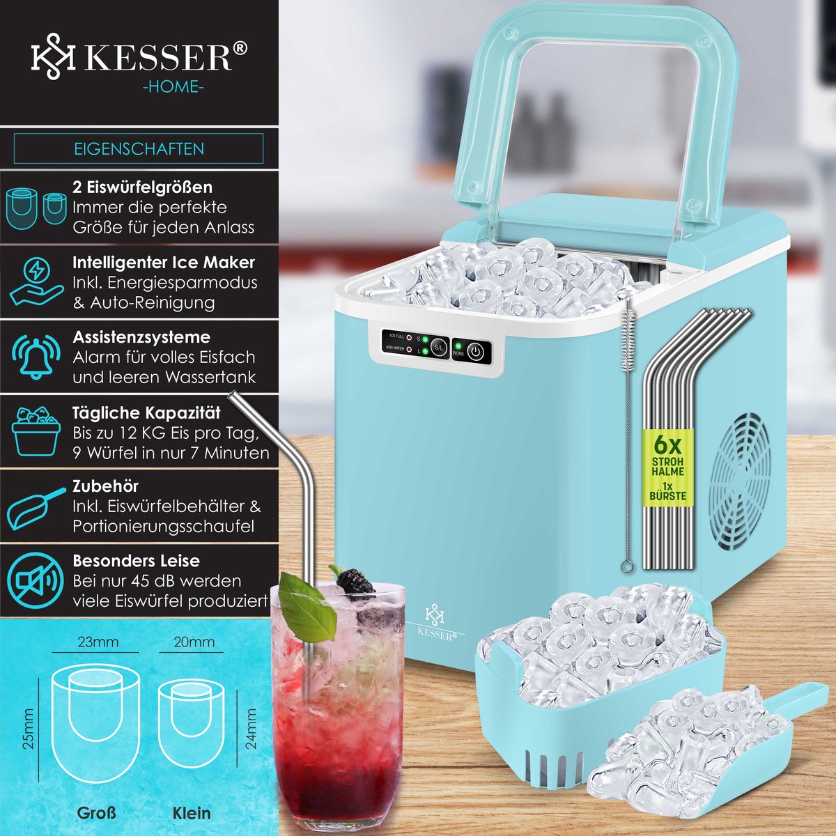 KESSER® Ijsblokjesmaker - Ijsblokjesmachine -12kg/24 uur - RVS - Blauw •