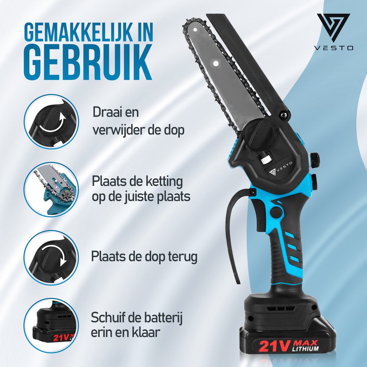 Vesto® Mini kettingzaag – Draadloos Inclusief 2 Led-Accu's – Heggenschaar Accu - Elektrisch Handkettingzaag - Snoeizaag - Takkenzaag - Handzaag - Boomzaag