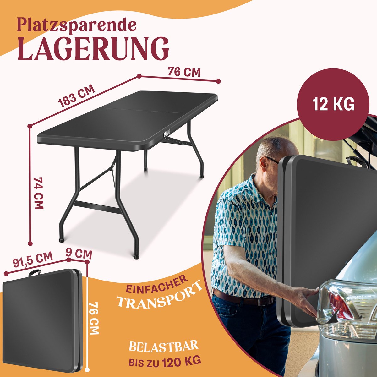 KESSER® Inklapbare Tafel - Campingtafel - Klaptafel - 183x76cm - Antraciet