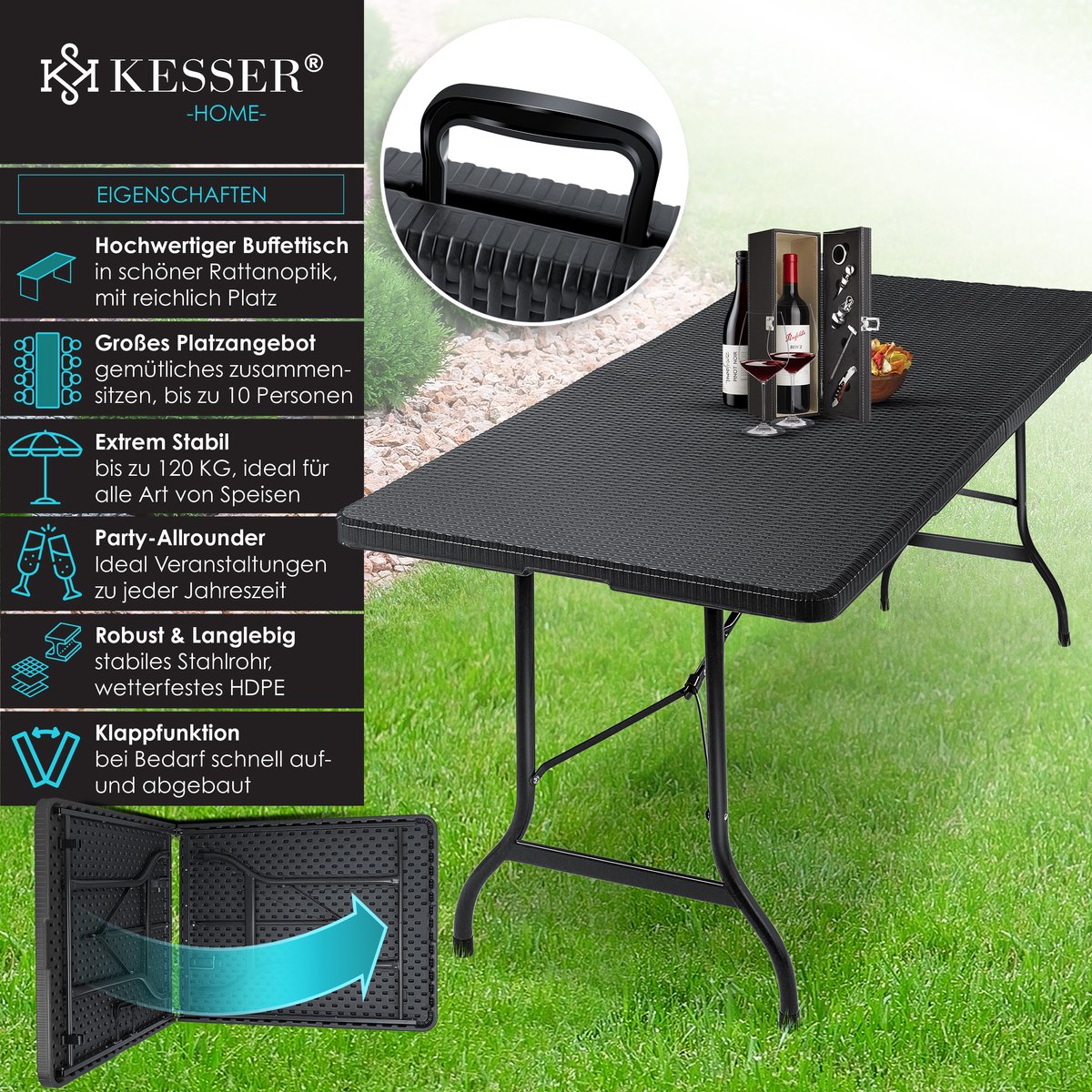 KESSER® Inklapbare Tafel 180x75x73cm Vouwtafel Kunststof - Campingtafel Klaptafel Geschikt voor 8 Personen voor Tuin, Terras en Balkon inclusief Draaggreep - Antraciet