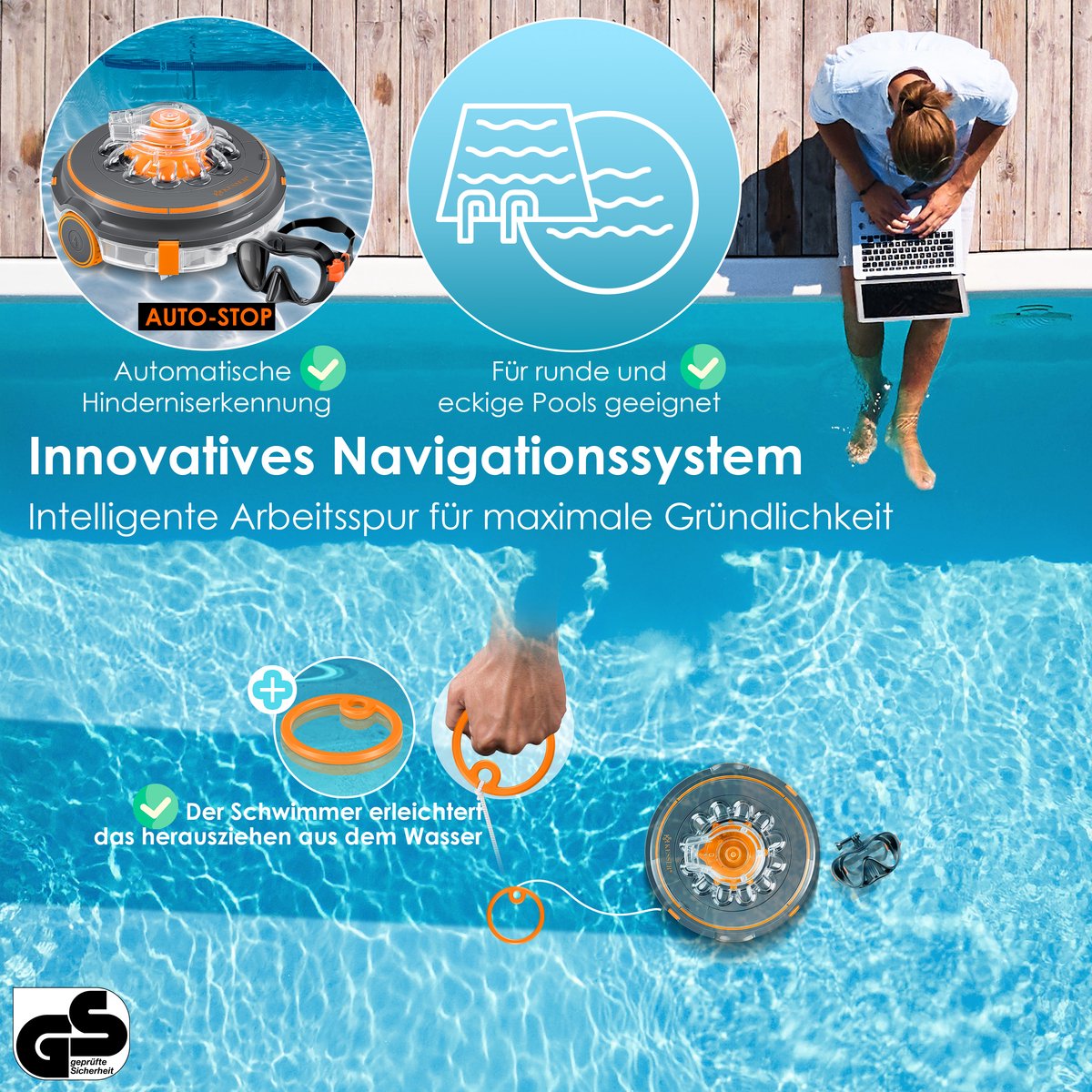 KESSER® Zwembadrobot accu Aqua-9000 incl. transporttas, Stofzuiger voor zwembaden tot 80m², Li-Ion accu max. 75 min, Zwembadreiniger snoerloze zwembadstofzuiger vloerreiniging volautomatische vloerstofzuiger - Oranje