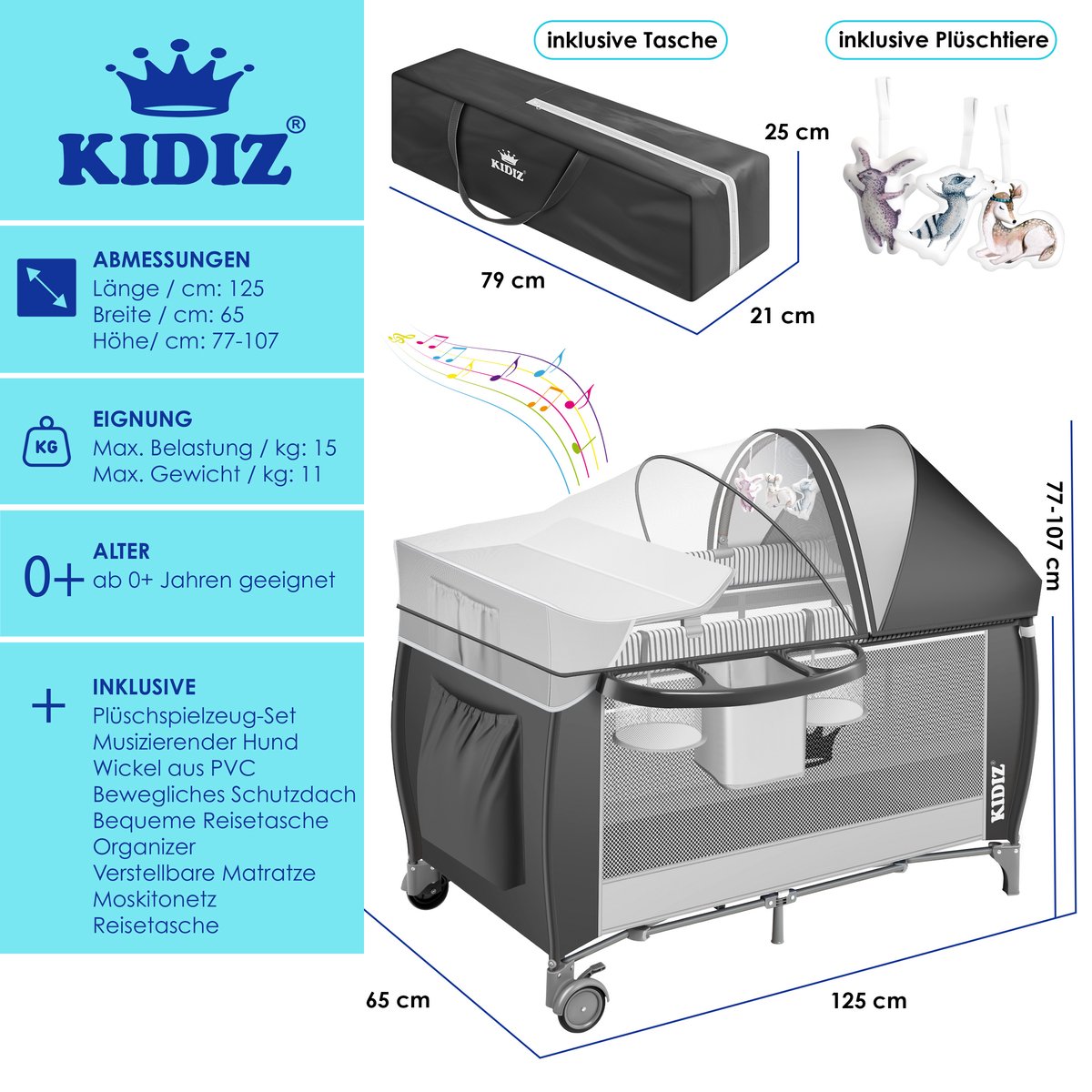 KIDIZ® 3in1 Babybedje - Campingbedje - Ledikant  - Grijs